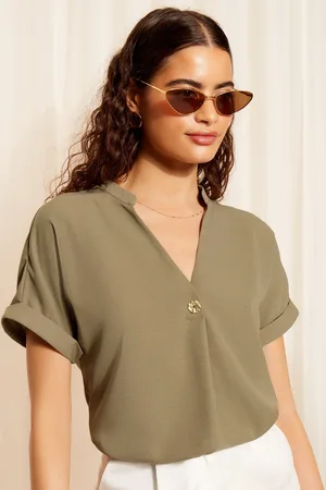 Friends Like These Womens Khaki V Neck Roll Sleeve Button Blouse
