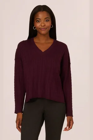 Adrianna Papell Womens V-Neck Pointelle Long Sleeve Sweater