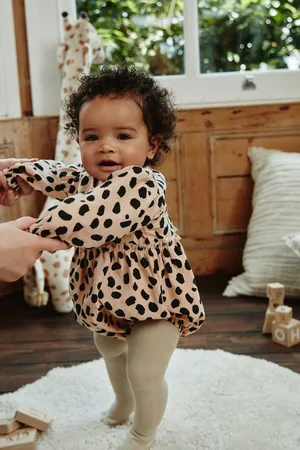 Next Girls Tan Leopard Print Baby Bloomer 100% Cotton Romper with Tights Set (0mths-3yrs)