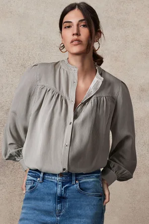 Next Womens /Grey Stripe Washed Ruffle Neck Long Sleeve Blouse