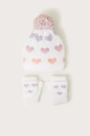 Monsoon Girls Neon Hearts Fluffy Hat and Gloves Set