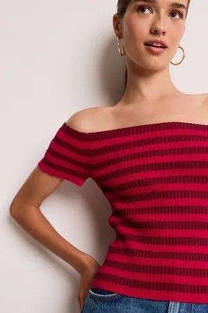 Next Womens Stripe Short Sleeve Ribbed Knitted Bardot Top