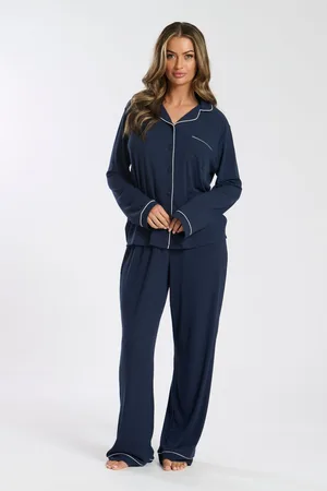 Loungeable Blue Soft Jersey Ribbed Button Through Long Chocolate Pyjamas XL