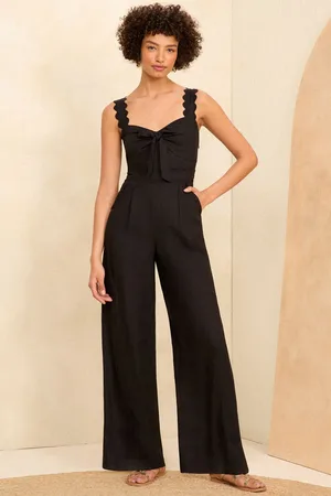 Love & Roses Womens Scallop Wide Leg Jumpsuit With Linen