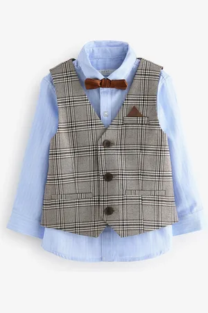 Next Boys Neutral Check Waistcoat, Shirt & Bow Tie Set (3mths-9yrs)