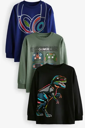 Next Boys Green/ Gaming Graphic 100% Cotton Long Sleeve T-Shirts 3 Pack (3-16yrs)