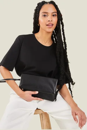 Accessorize Black Leather Fold-Over Clutch Bag One