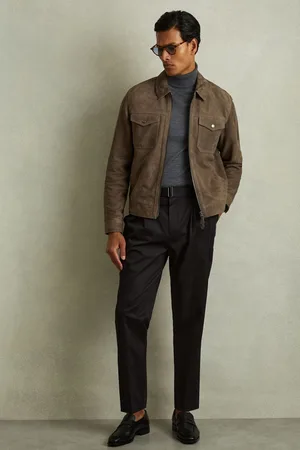 Reiss Mens Light Charcoal Pike Suede Zip-Through Trucker Jacket