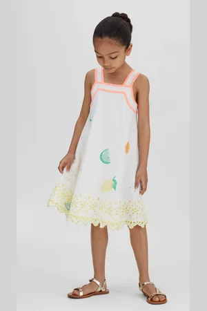 Reiss Girls Ivory Print Arabella 4-9 yrs Cotton-Linen Broderie Dress