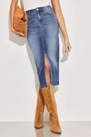 Lipsy London Womens Mid Wash Denim High Rise Split Front Midi Skirt