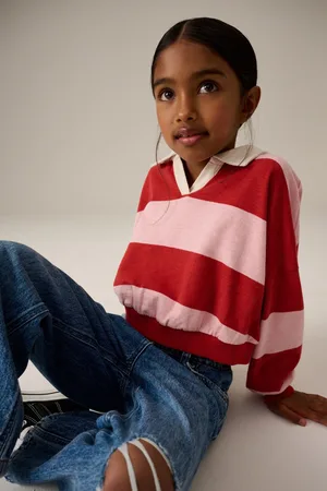 Next Girls Pink/ Stripe 100% Cotton Collared Boxy Sweatshirt (3-16yrs)