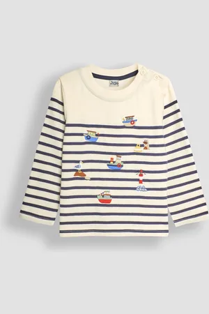 JoJo Maman Bébé Boys Ecru Navy Stripe Shipping Harbour Applique Top