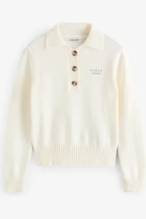 Guess Cream 100% Cotton Long Sleeve Knitted Button Polo Callar Jumper M