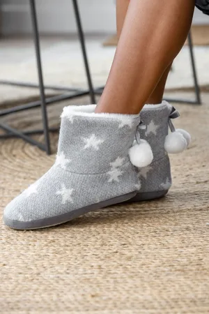 Pour Moi Grey Star Knit Faux Fur Lined Bootie Slippers 5-6
