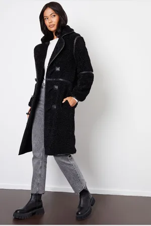 Threadbare Womens Longline Borg Toggle Coat With PU Trim