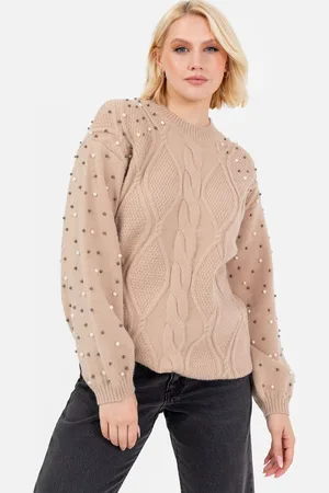 Lovedrobe Womens Pearl Embellished Long Length Cable Knit Jumper