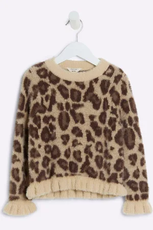 River Island Girls Girls Leopard Print Fluff Frill 100% Cotton Jumper