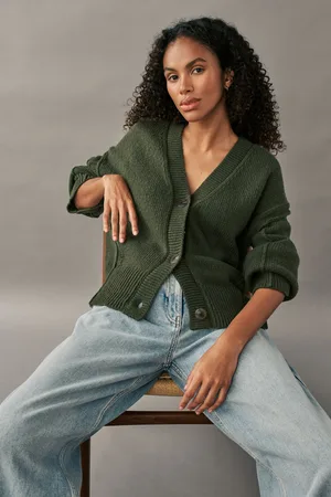 Next Womens Khaki Olive Soft Touch Seam Detail Button Through Knitted Cardigan with Wool