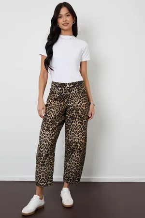 Threadbare Womens Leopard Print Barrel Leg Denim 100% Cotton Jeans With Raw Hem