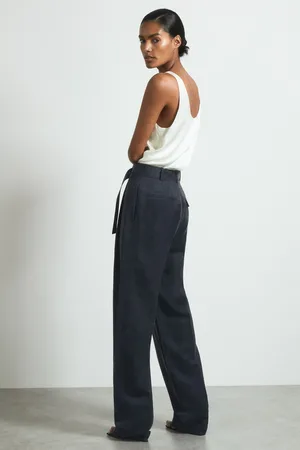 Reiss Womens Navy Olivia Cupro Belted Suit Trousers