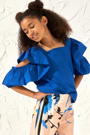 Angel & Rocket Girls Cobalt Nicole Ruffle Shoulder 100% Cotton Top