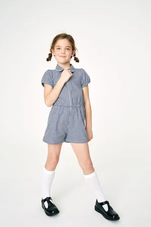 Next Girls Navy Zip Front Cotton Rich Gingham School Playsuit (3-14yrs)