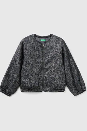 Benetton Girls Small Sequins Fabric Bomber Jacket With Logo Zip