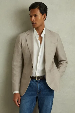 Reiss Mens Oatmeal Elliot Checked Single Breasted Blazer in Wool-Linen