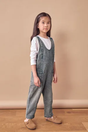 Next Girls Denim Tint 100% Cotton Slouchy Dungarees (3-16yrs)