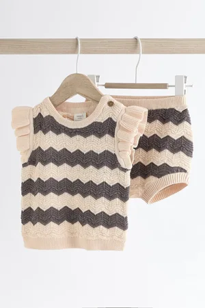 Next Girls Tan/ Monochrome Zig Zag Stripe Baby Knitted Crochet 100% Cotton Top And Shorts Set (0mths-2yrs)