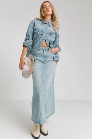 Simply Be Womens Western Embroidered Denim Maxi Skirt