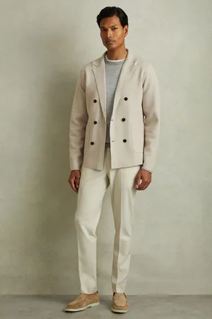 Reiss Mens Oatmeal Melange Foulard Knitted Double Breasted Blazer