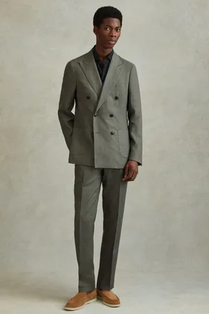 Reiss Mens Dark Sage Halgas Linen Double Breasted Blazer