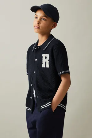 Reiss Boys Navy/White Mikan 9-13 yrs Cotton Open-Stitch Motif Shirt