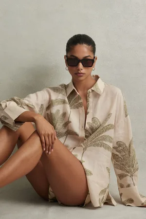 Reiss Womens Neutral Oskia Linen Tropical Print Shirt