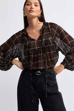 Next Womens /Brown Check Long Sleeve Metallic Tie Neck Blouse