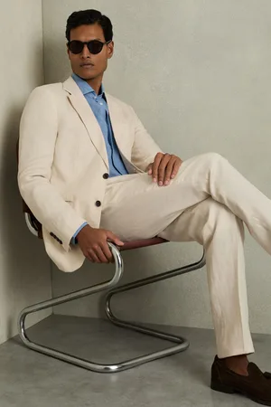 Reiss Mens Stone Kin Single-Breasted Linen Suit Blazer Slim Fit