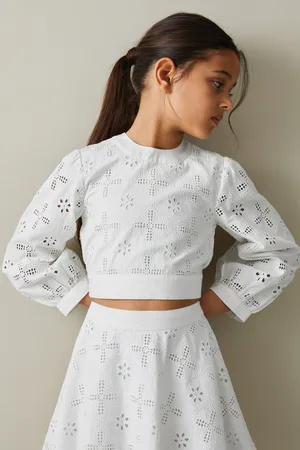 Reiss Girls Ivory Nella 9-13 yrs Cotton Broderie Lace Bow Back Top