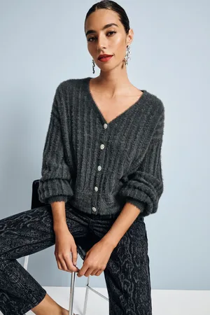 Next Womens Charcoal Soft Touch Fluffy V-Neck Ribbed Knitted Cardigan