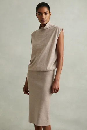 Reiss Womens Neutral Hester Petite Knitted Wool-Cashmere Blouson Top Midi Dress