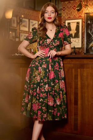 Joe Browns Vintage Floral V-Neck Puff Sleeve Midi 100% Cotton Dress AU 12