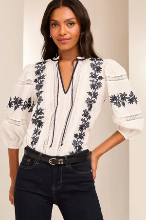 Lipsy London Womens 3/4 Sleeve Embroidered Tie Neck Blouse