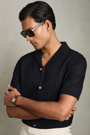 Reiss Kipling Textured-Knit Short-Sleeve Shirt L