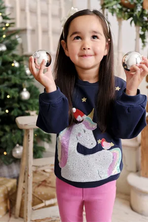 JoJo Maman Bébé Girls Navy Unicorn Sequin Sweatshirt