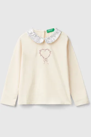 Benetton Girls Long Sleeve Collar T-Shirt With Sequins And Tulle Keyhole Back Opening