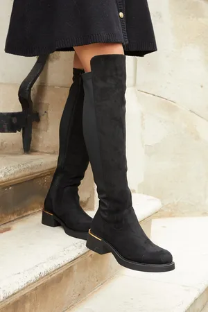 Linzi Black Suede Sawyer Knee High Classic Riding Boots With Gold Trim AU 6 (EU 37)