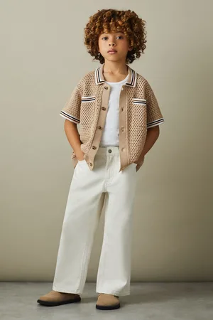 Reiss Boys Soft Taupe Coulson 9-13 yrs Crochet Contrast Trim Shirt