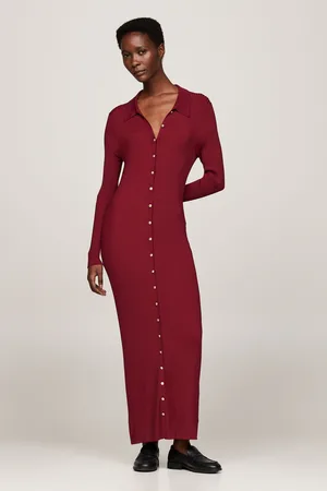 Tommy Hilfiger Womens Gold Button Rib Long Sweat Dress