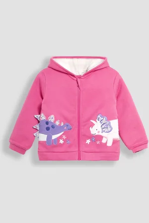 JoJo Maman Bébé Girls Fuchsia Dino Cotton Appliqué Cosy Hoodie
