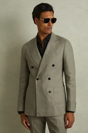 Reiss Mens Light Sage Halgas Linen Double Breasted Modern Fit Blazer